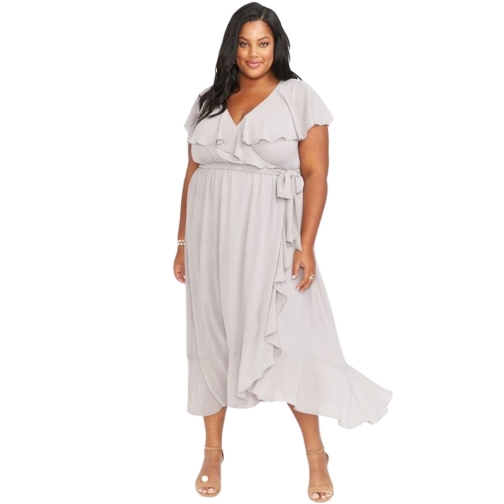 Show Me Your Mumu Jess Ruffle Midi Dress 3x Dove Grey Chiffon NWOT